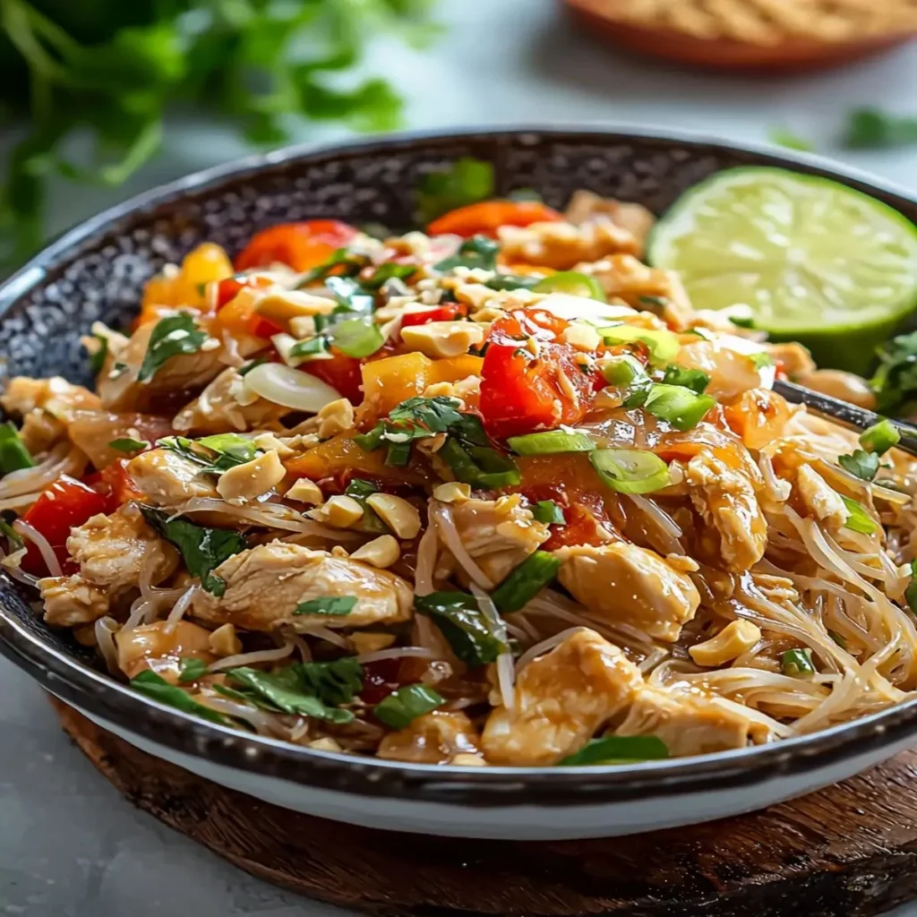 Bowl of fresh Thai Chicken Salad with vibrant vegetables and herbs