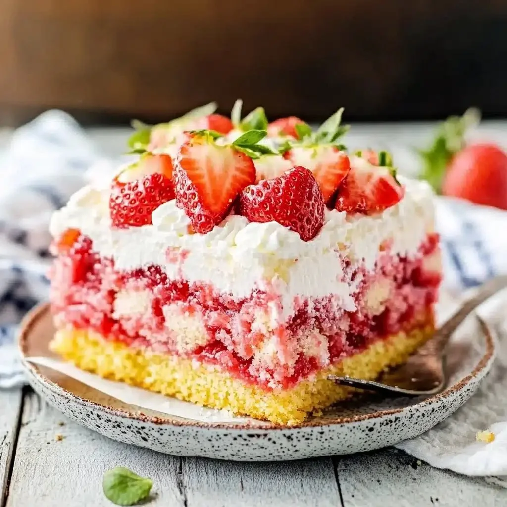 Deliciously gooey strawberry earthquake cake on a serving plate