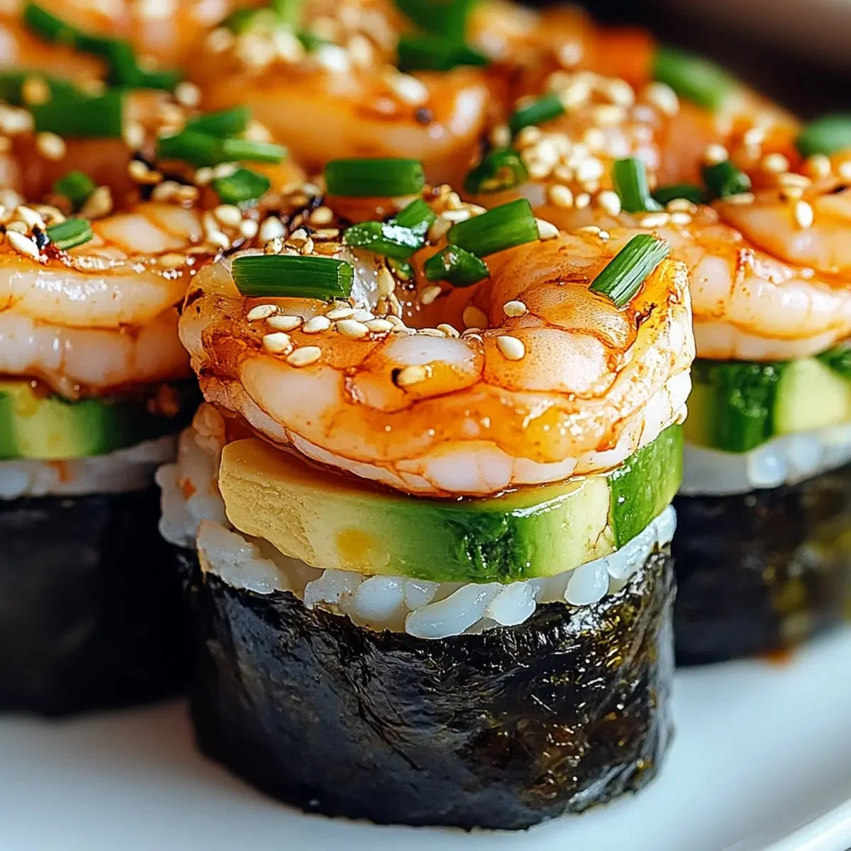 Irresistibly spicy shrimp sushi stacks garnished with fresh ingredients.