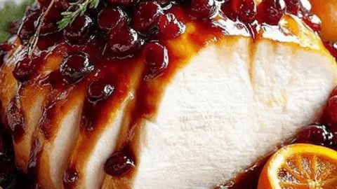 Cranberry orange glazed turkey breast served on a festive table