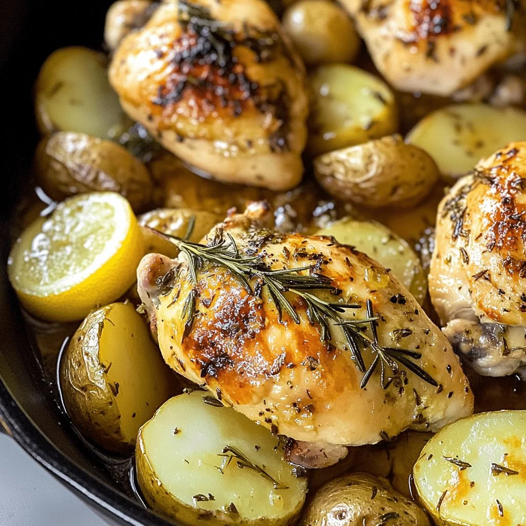 Lemon Rosemary Chicken served with roasted potatoes on a plate.