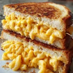 A mouthwatering Mac and Cheese Grilled Cheese sandwich, melted and golden brown.