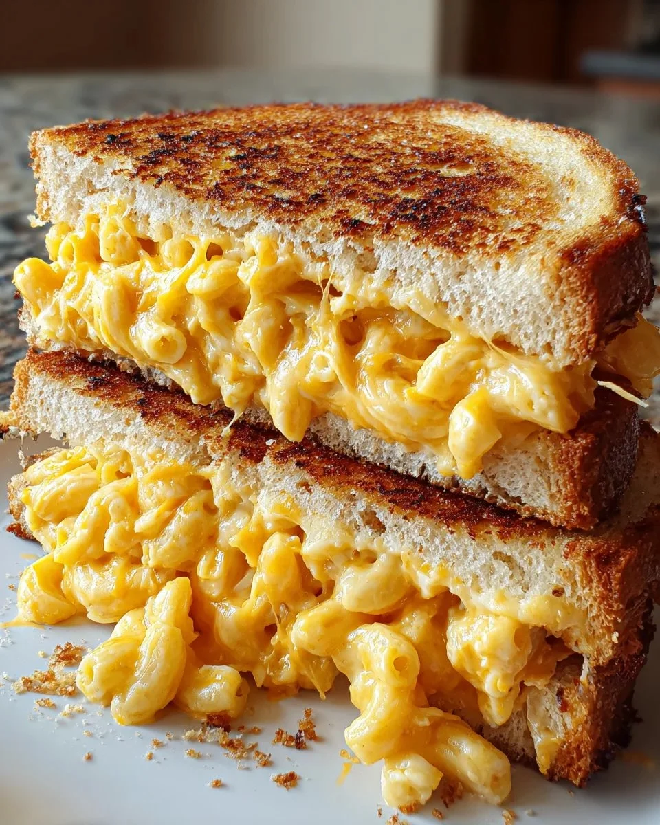 A mouthwatering Mac and Cheese Grilled Cheese sandwich, melted and golden brown.