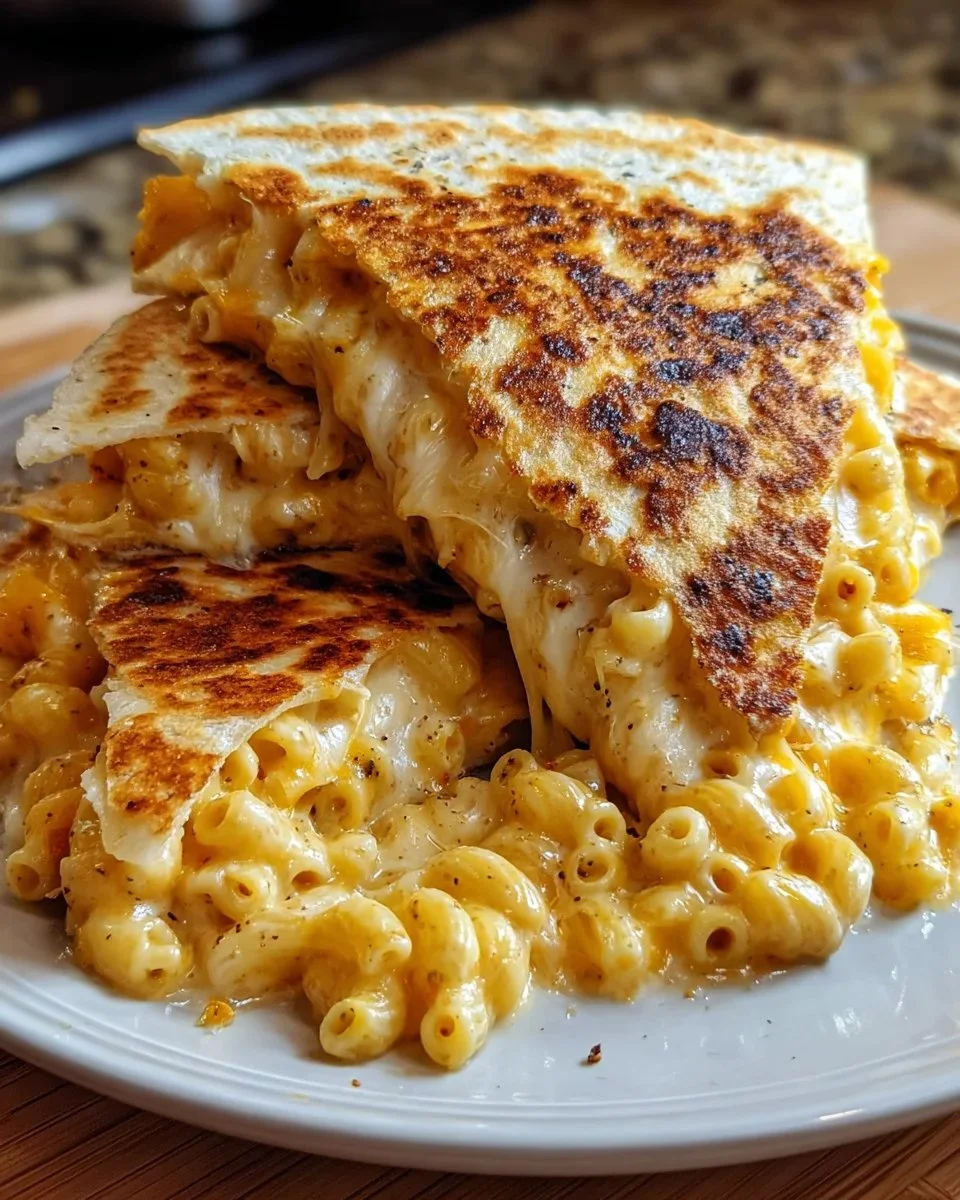 Cheesy macaroni and cheese quesadillas on a plate