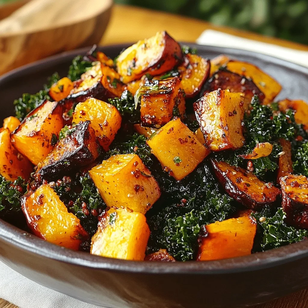 Maple-roasted squash and kale salad served in a bowl
