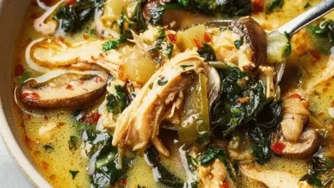 Bowl of Marry Me Chicken Soup garnished with herbs and served with crusty bread.