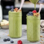 Healthy Matcha Overnight Oats with chia seeds and almond milk served in a bowl.