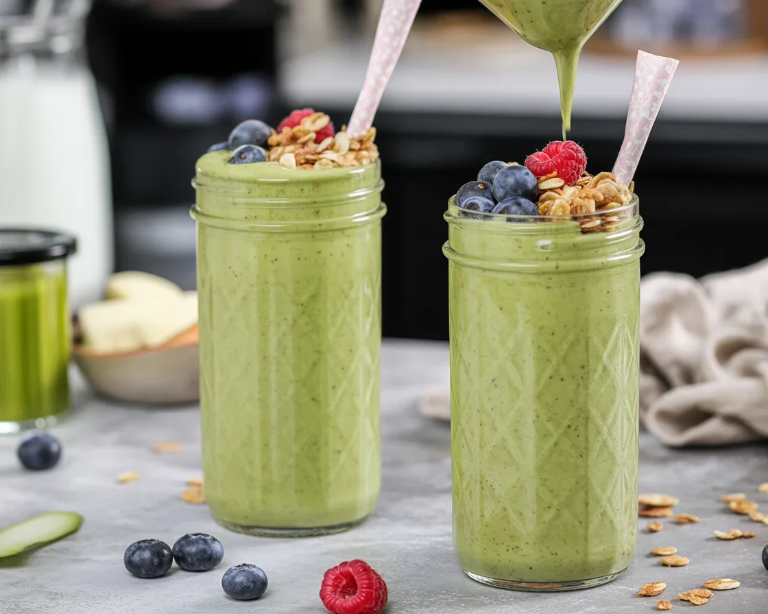 Healthy Matcha Overnight Oats with chia seeds and almond milk served in a bowl.