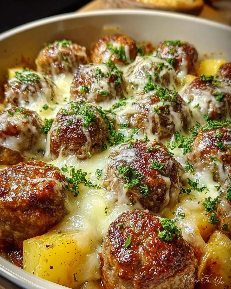 Delicious meatballs served with potatoes and melted cheese on a plate