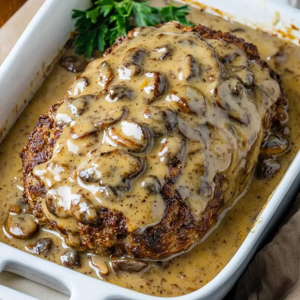 Delicious meatloaf served with mushroom gravy on a plate