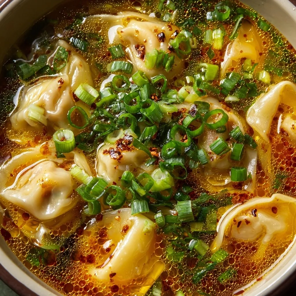 Bowl of Mediterranean-inspired wonton soup with vibrant ingredients and garnishes.