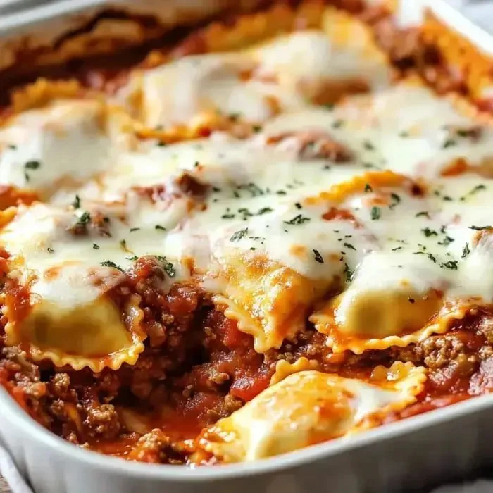 Delicious Million Dollar Ravioli Casserole topped with cheese and herbs