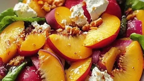 A vibrant and refreshing Millionaire Peach Salad with fruits for summer gatherings