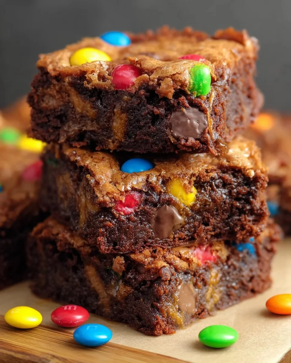 Delicious M&M brownies topped with colorful candies and rich chocolate fudge
