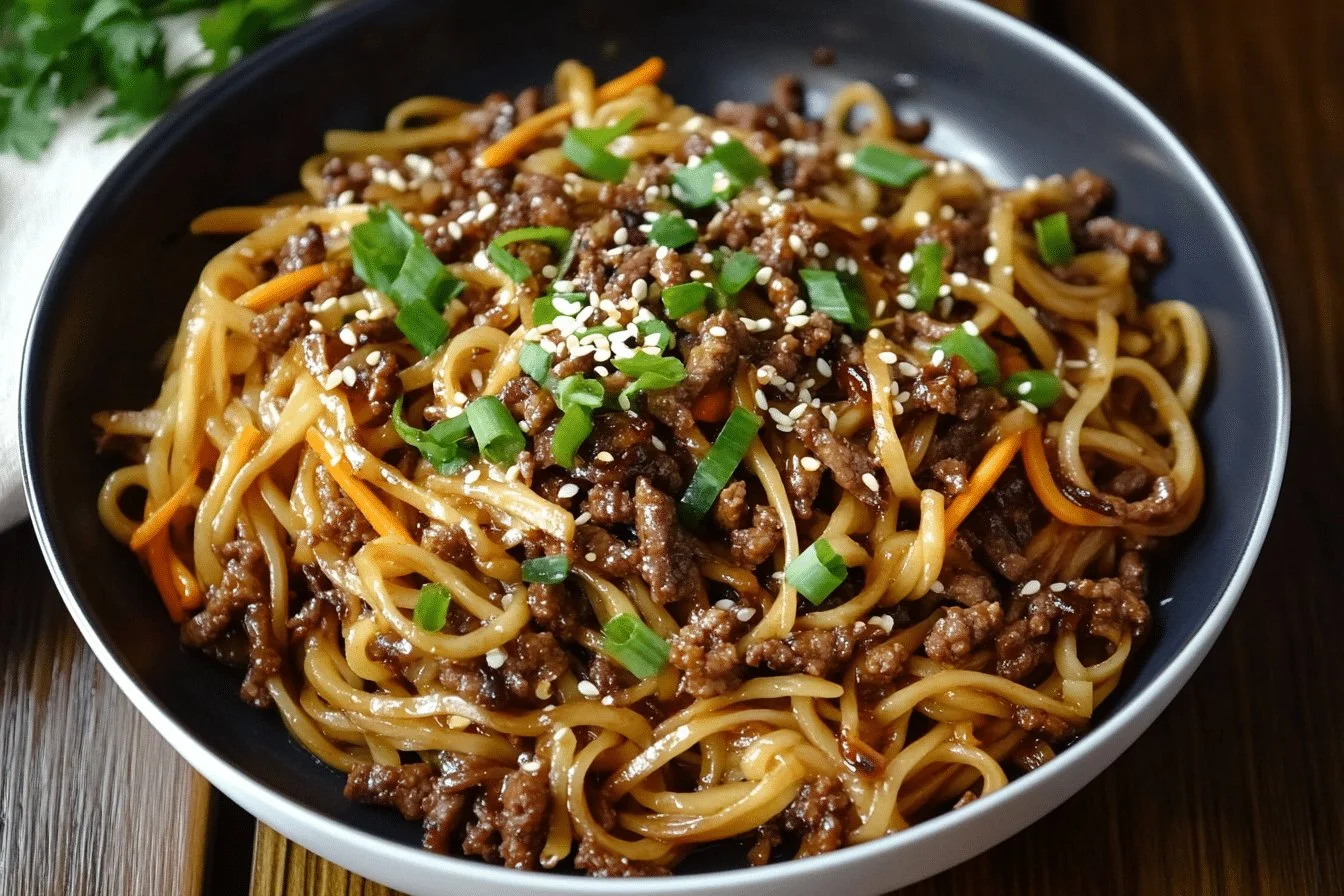 Bowl of Mongolian ground beef noodles garnished with green onions