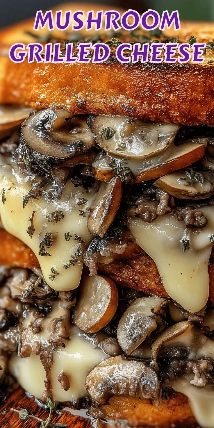 Delicious Mushroom Grilled Cheese Sandwich with melted cheese and sautéed mushrooms
