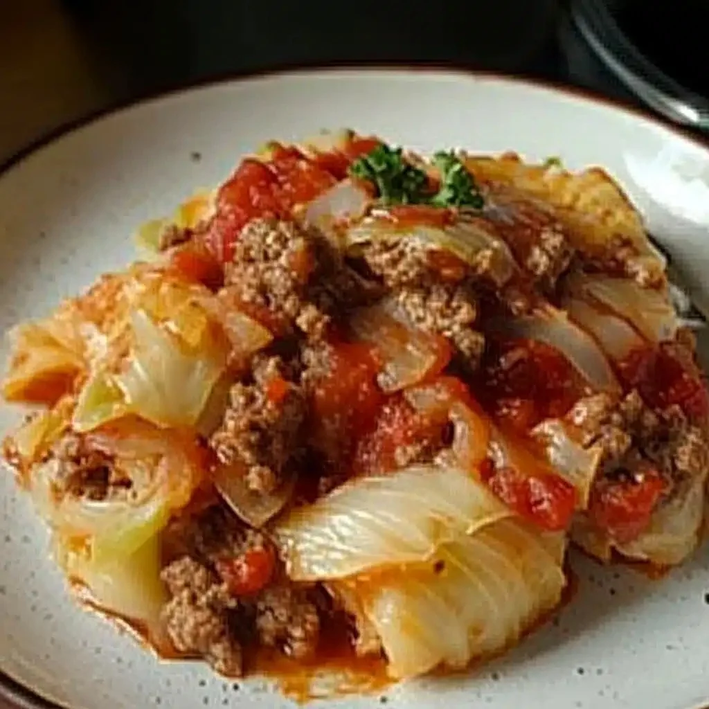 One-Pan Unstuffed Ground Beef Cabbage Roll Casserole ready to serve