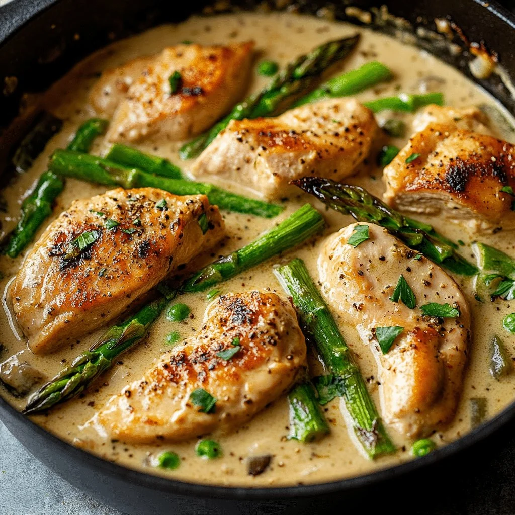 One pot creamy chicken and asparagus served in a rustic bowl