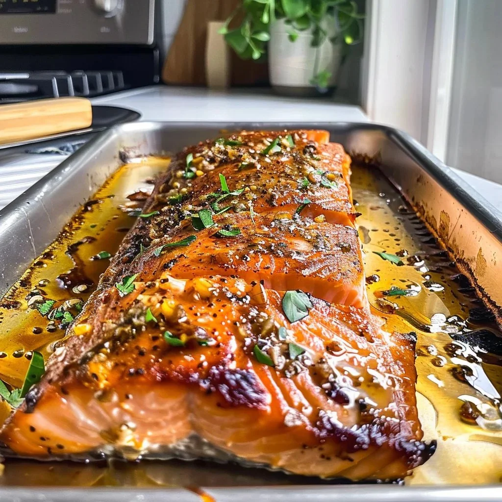 Delicious oven baked salmon fillet garnished with herbs