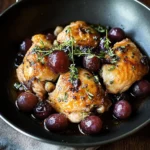 Plate of pan-roasted chicken with balsamic grapes and herbs