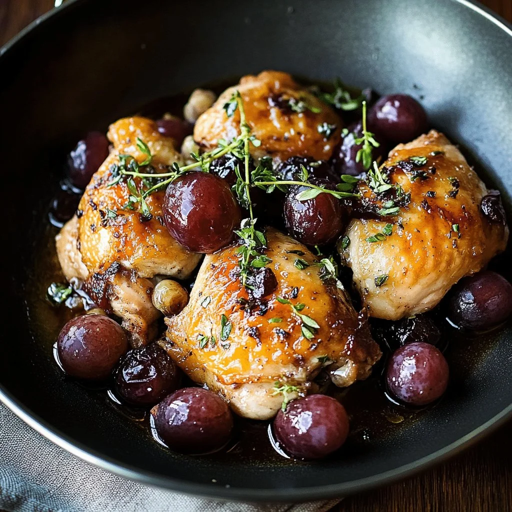 Plate of pan-roasted chicken with balsamic grapes and herbs
