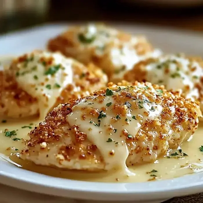 Crispy Parmesan Chicken garnished with herbs on a plate