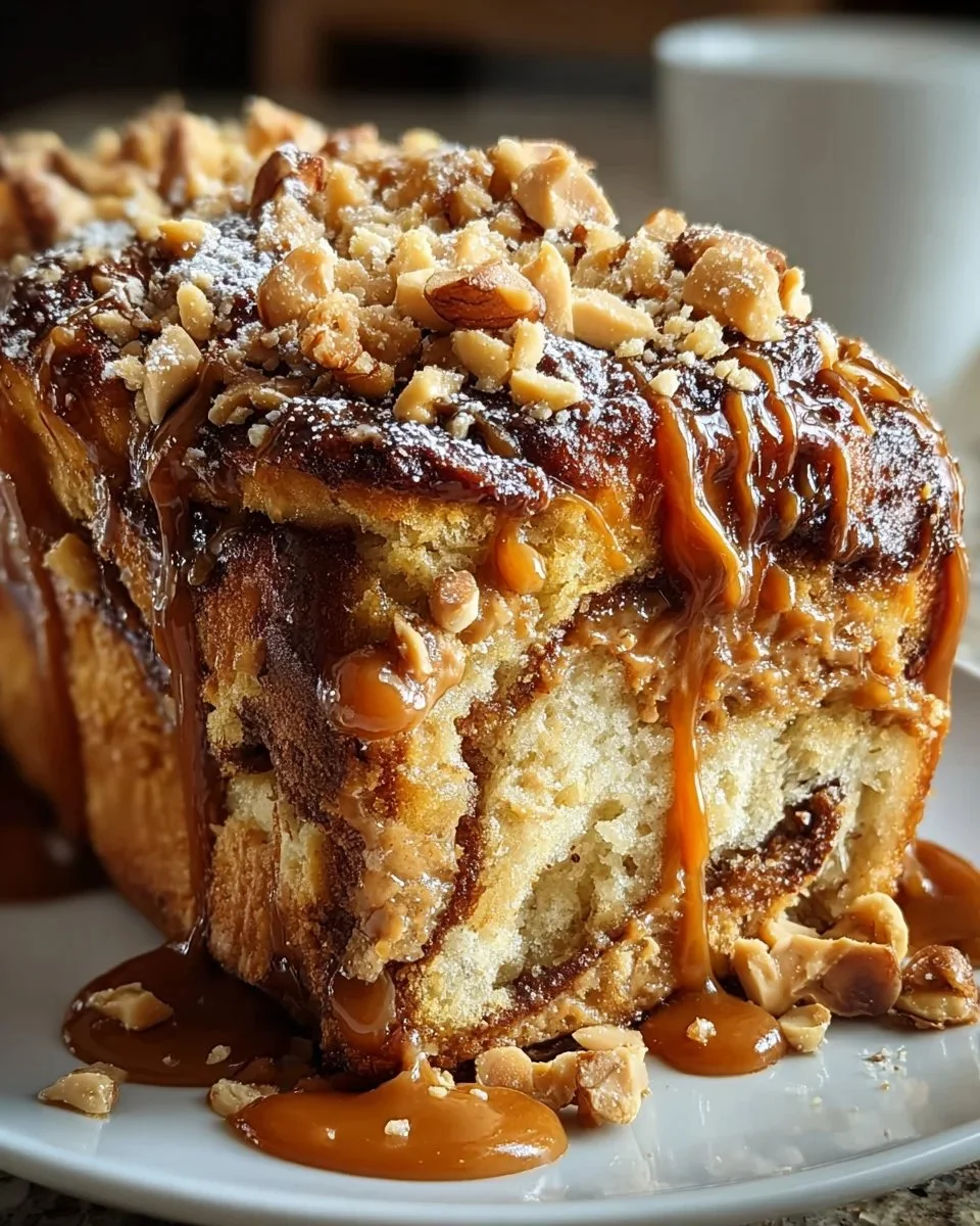 Delicious slice of homemade Peanut Butter Caramel Bread with a drizzle of caramel.