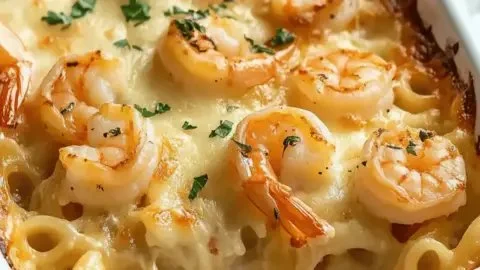 Delicious shrimp scampi pasta bake served in a casserole dish