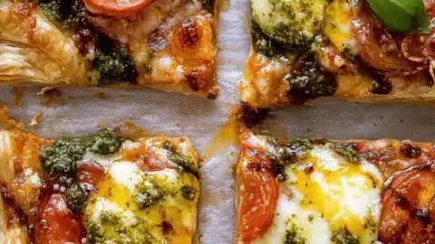 Pesto Caprese Puff Pastry Pizza topped with fresh basil, mozzarella, and tomatoes