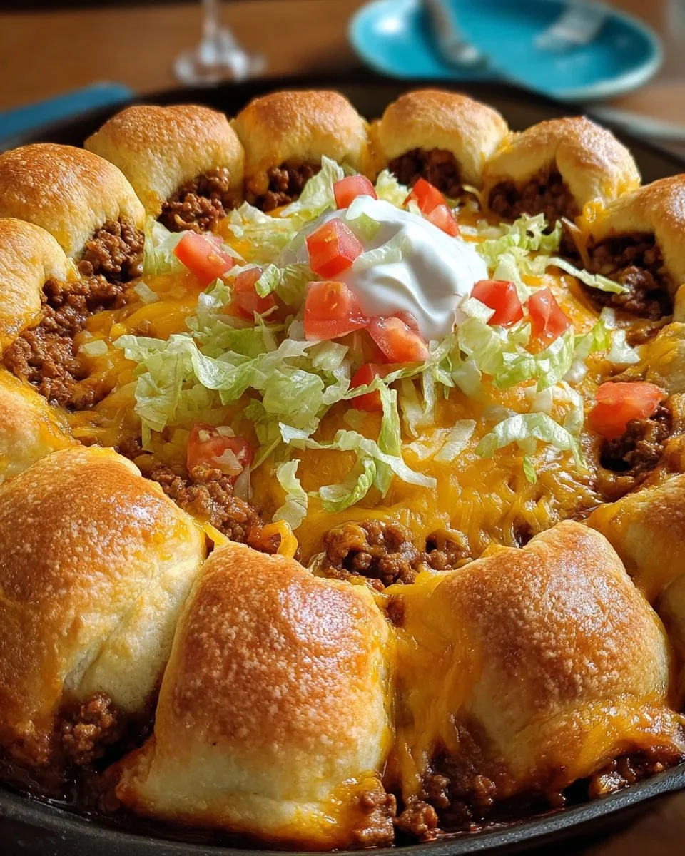 Pillsbury Crescent Roll Taco Bake fresh out of the oven, served in a dish.