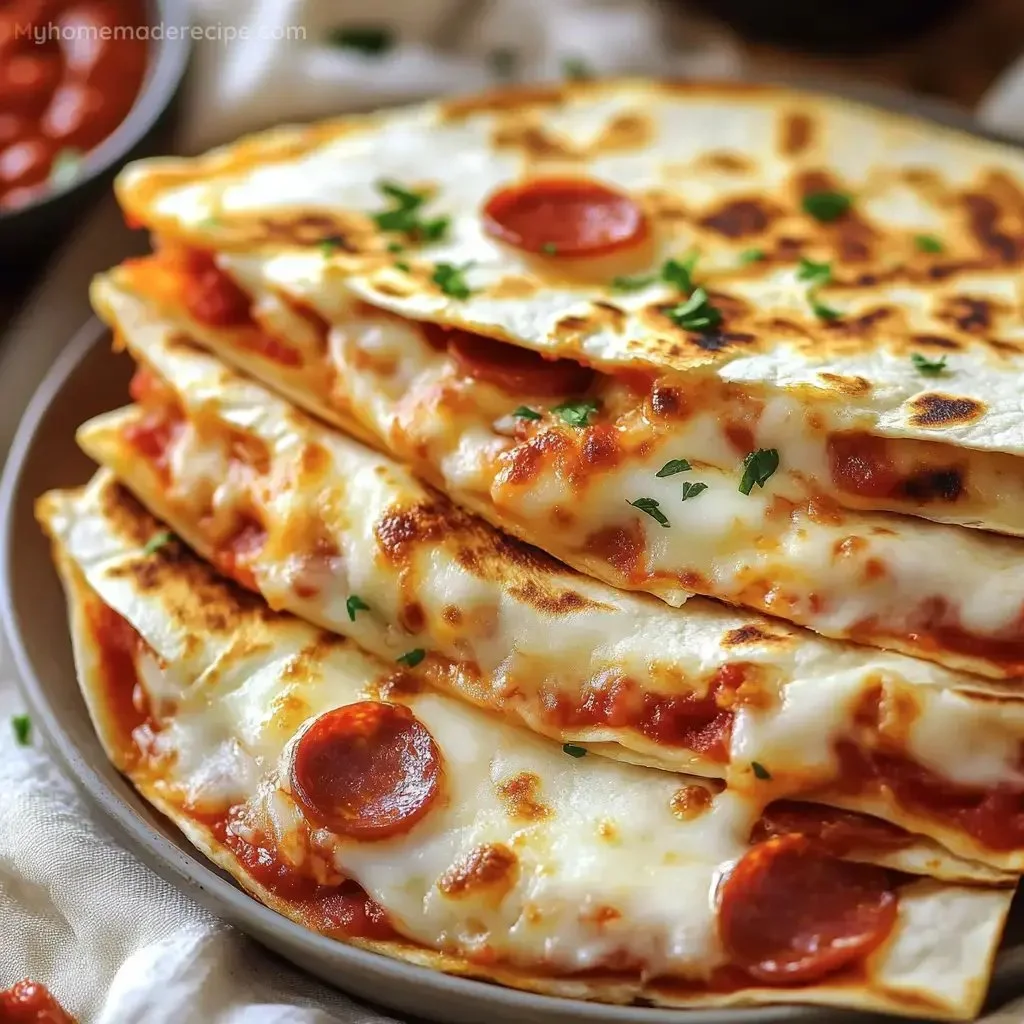 Deliciously cheesy pizza quesadillas filled with toppings on a plate