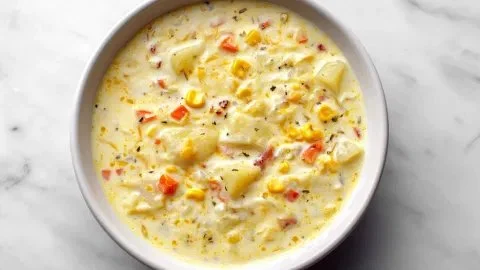 Creamy Potato Chowder soup served in a bowl with fresh herbs and bacon.