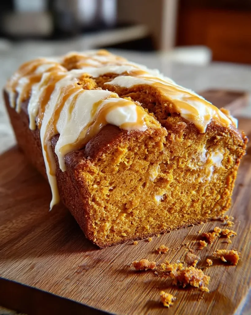 Slice of delicious Pumpkin Cream Cheese Bread with cream cheese swirl.
