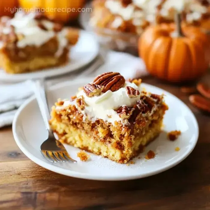 Delicious slice of Pumpkin Crunch Cake topped with crunchy streusel