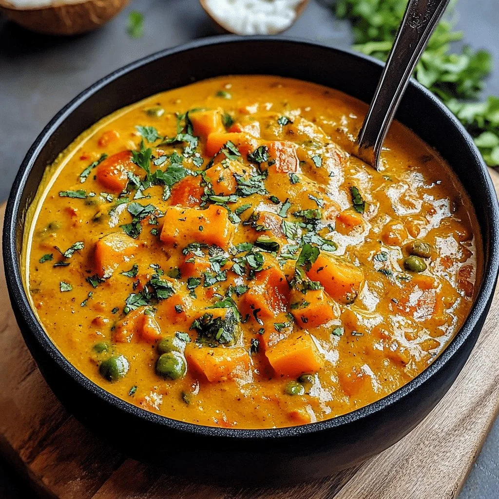 Delicious pumpkin curry with coconut milk and fresh vegetables