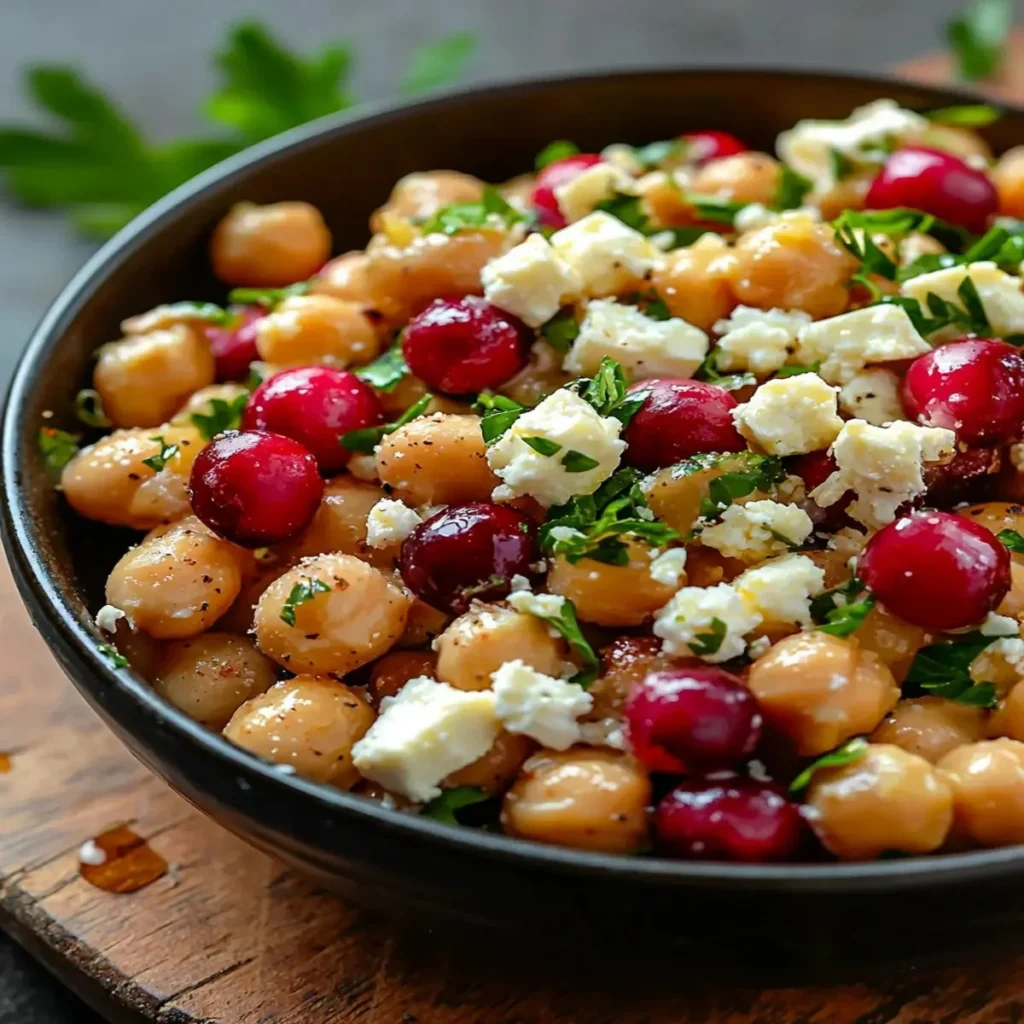 Feta cranberry chickpeas salad with lemon vinaigrette in a bowl