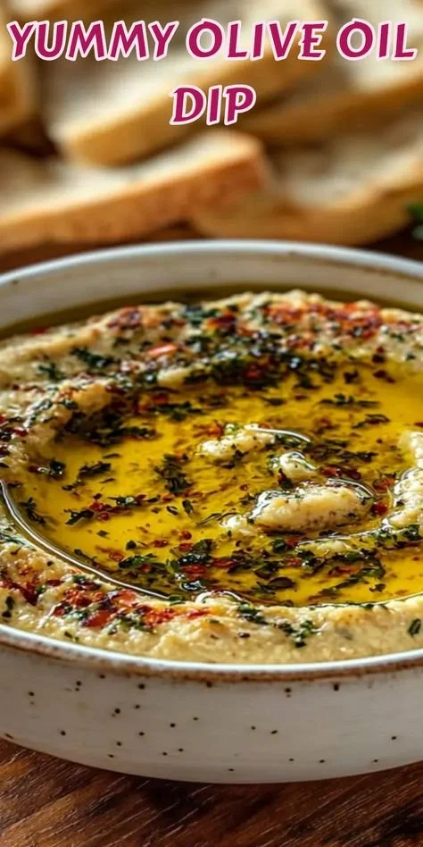 Delicious quick olive oil dip served with bread and herbs.