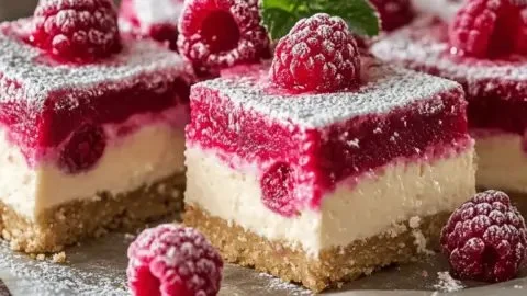Delicious raspberry cheesecake bars topped with fresh raspberries and a creamy layer.