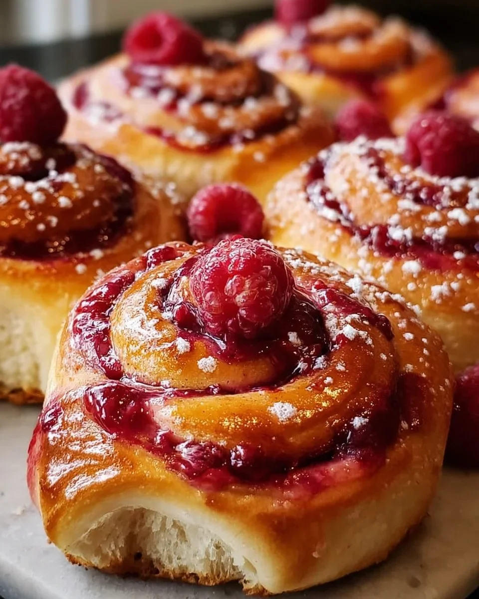 Freshly baked Raspberry Sweet Rolls with a swirl of raspberry filling