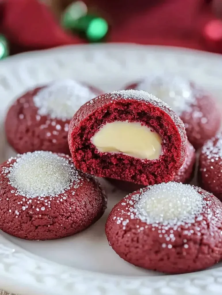 Delicious Red Velvet Thumbprint cookies filled with cream cheese frosting.