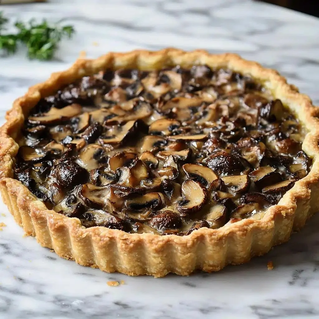Rustic wild mushroom tart fresh from the oven, garnished with herbs
