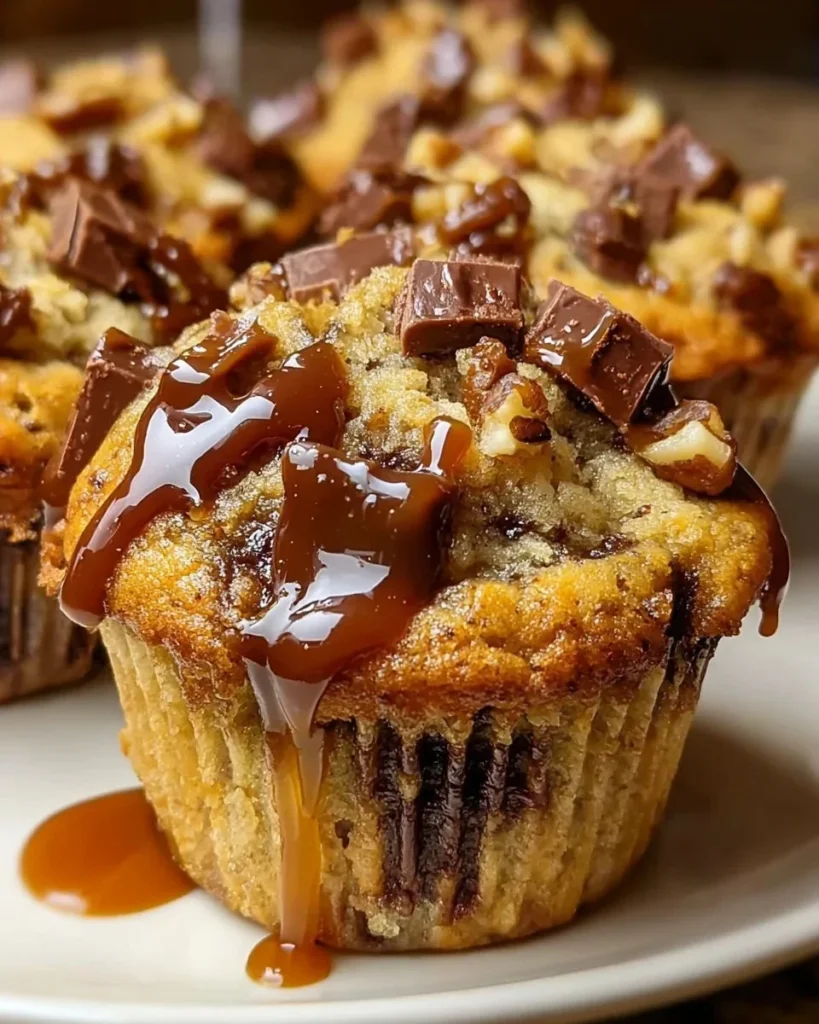 Delicious salted caramel chocolate chunk muffins with gooey chocolate pieces.