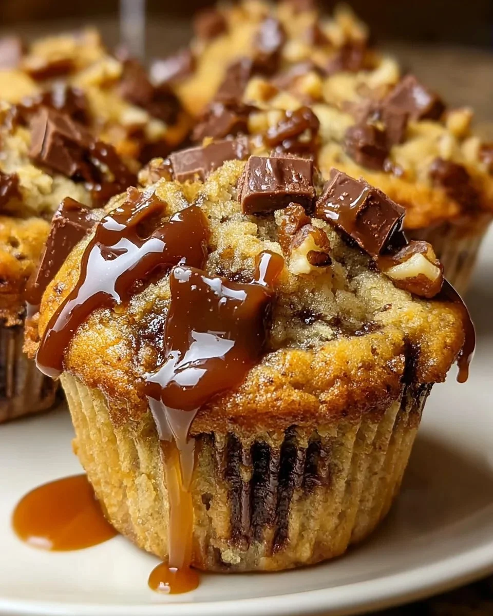 Delicious salted caramel chocolate chunk muffins with gooey chocolate pieces.