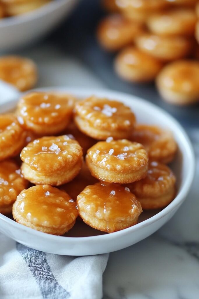 Salted caramel crackers stacked in a white bowl, topped with glistening caramel and sea salt flakes