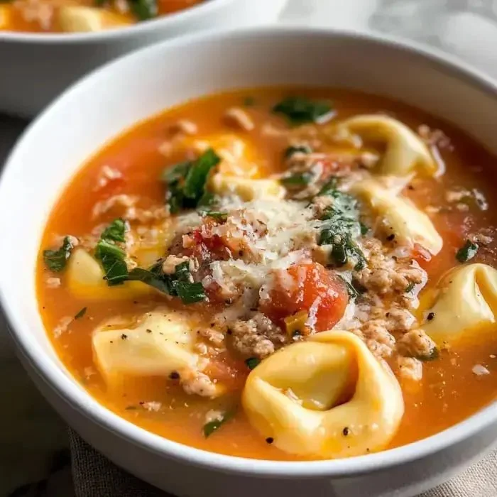A bowl of delicious Sausage Tortellini Soup garnished with herbs.