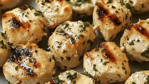 Garlic parmesan chicken kebabs served with fresh herbs and a side of dipping sauce