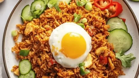 Savory Nasi Goreng dish, a quick and easy Indonesian fried rice recipe.