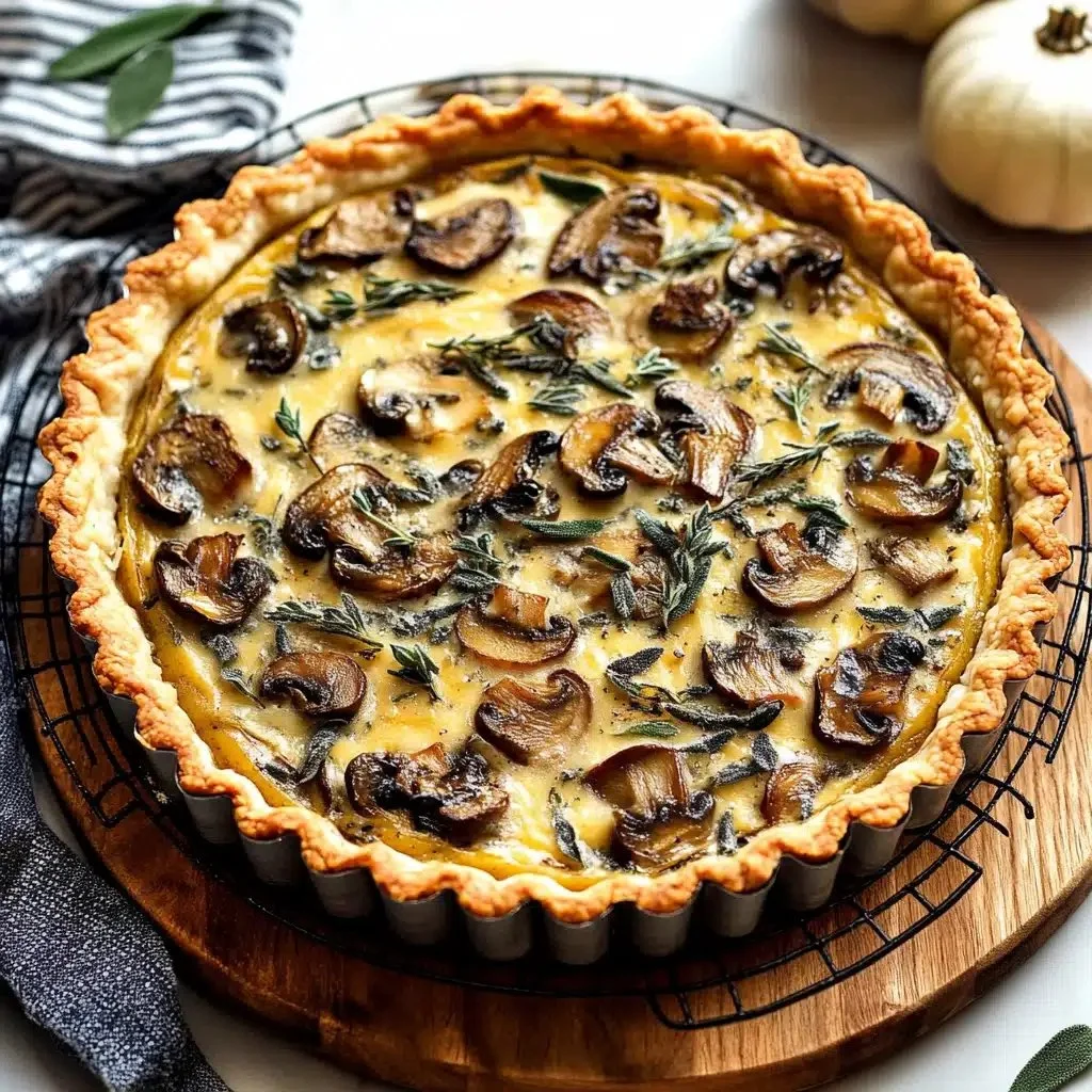 Savory pumpkin tart with sage and mushrooms served on a rustic table