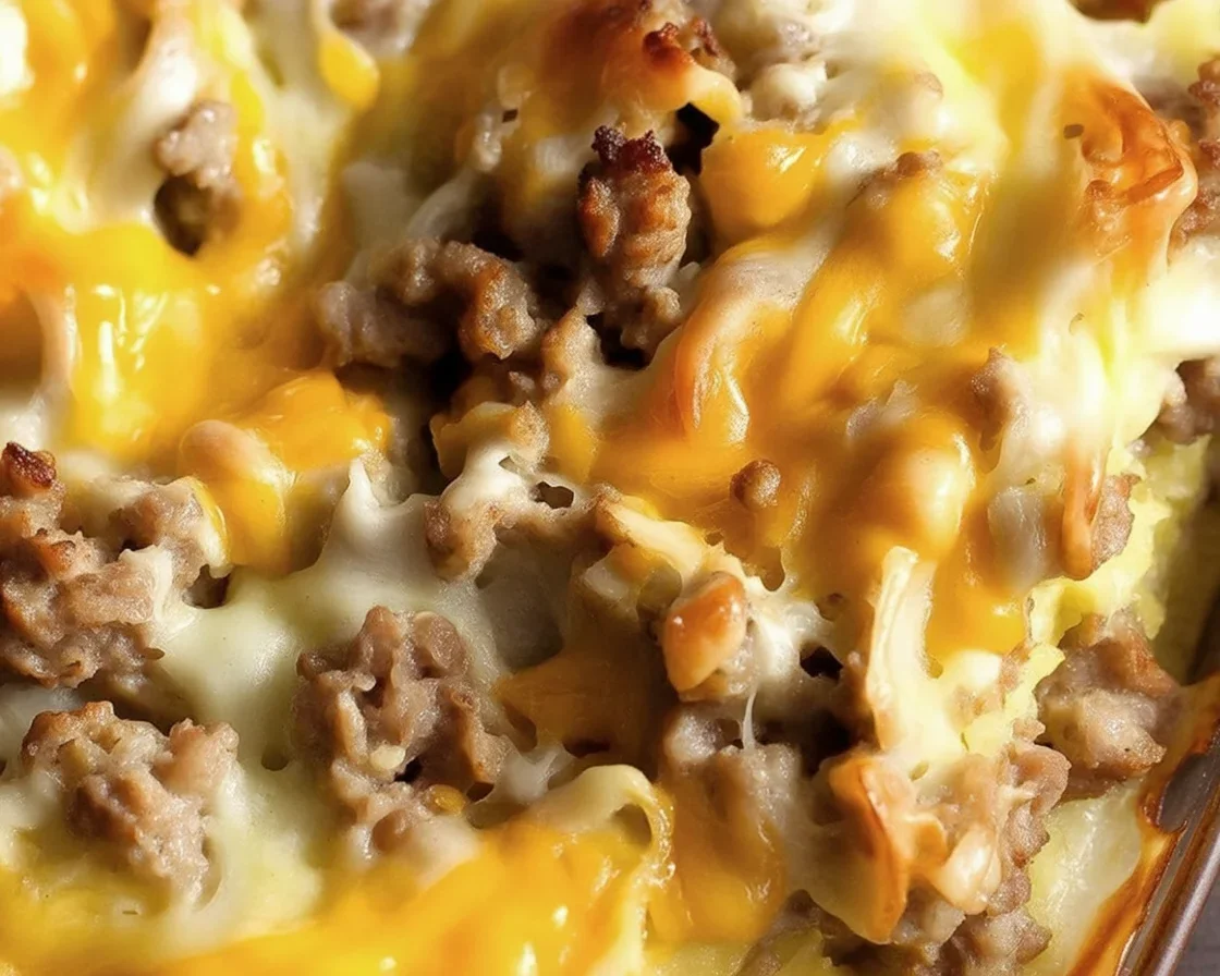 Sausage Hash Brown Breakfast Casserole with cheese, sausage, and eggs baked to perfection.