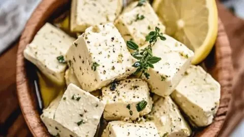 Savory vegan feta cheese made easy and creamy, perfect for salads and dips